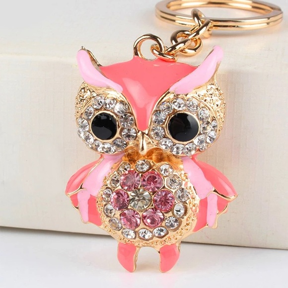 Hot Pink Crystal Owl on a Gold Keychain - Picture 2 of 12